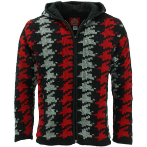 Veste cardigan à capuche en maille de laine - pied de poule rouge