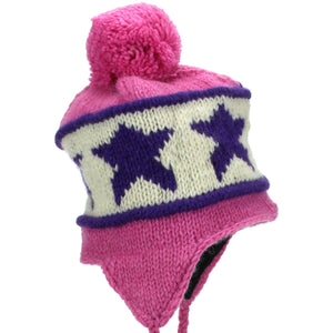 Bonnet à pompon en tricot de laine avec oreillettes - rose étoile