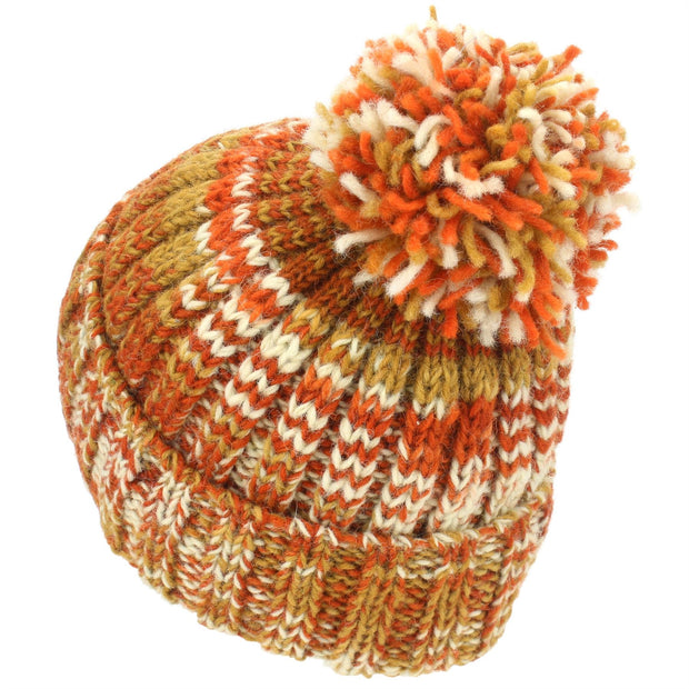 Wool Knit Bobble Beanie Hat - Orange
