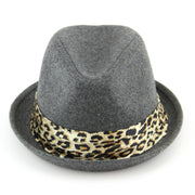 Women's felt rolled brim trilby hat with satin leopard print band - Grey (57cm)