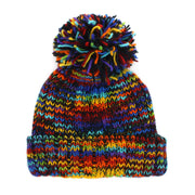 Hand Knitted Wool Beanie Bobble Hat - SD Black Rainbow