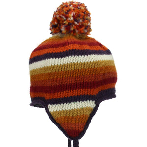 Wool Knit Earflap Bobble Hat - Stripe Orange Rust