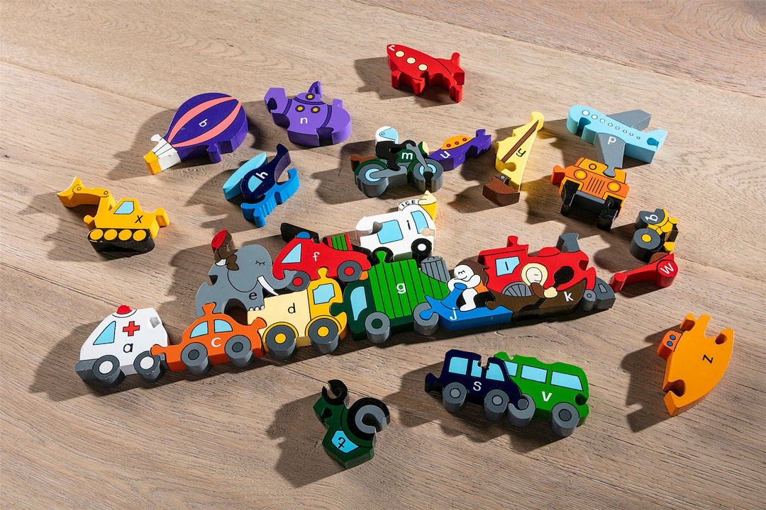 Handmade Wooden Jigsaw Puzzle - Alphabet Transport