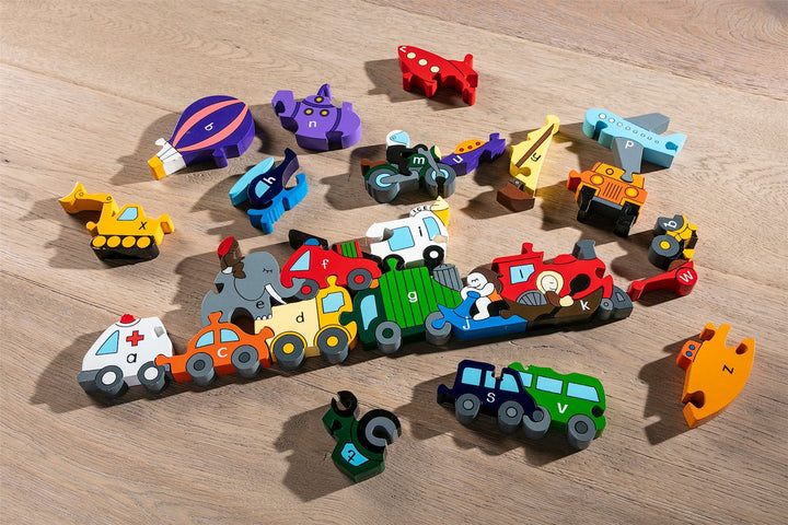 Handmade Wooden Jigsaw Puzzle - Alphabet Transport