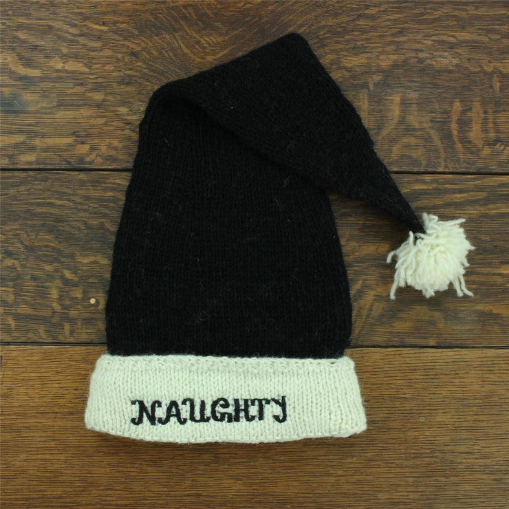 Hand Knitted Wool Christmas Beanie Hat - Naughty Black