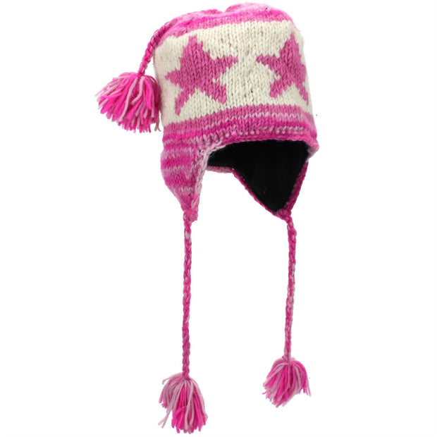 Wool Knit Earflap Tassel Hat - Star Pink SD