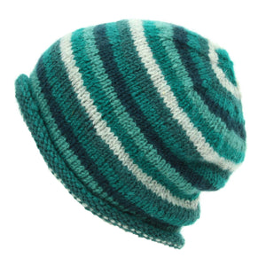 Hand Knitted Wool Beanie Hat - Stripe Teal