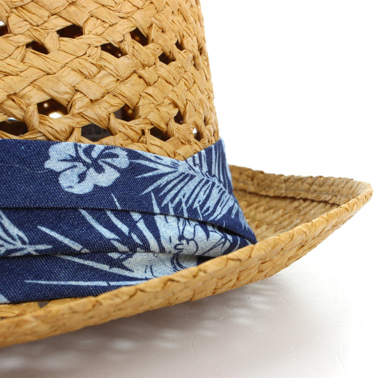 Straw Trilby Fedora Hat with Hibiscus Floral Band - Brown