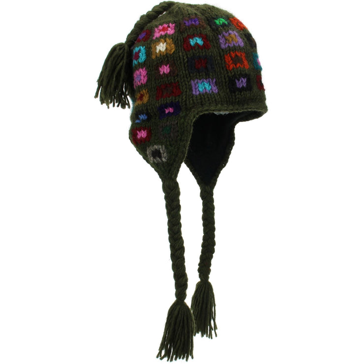 Wool Knit Earflap Tassel Hat - Square Green