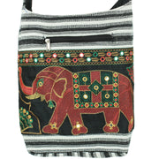 Embroidered Elephant Canvas Sling Shoulder Bag - Black White