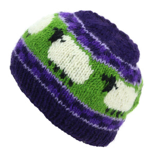 Handgestrickte Wollmütze - Schaf lila grün