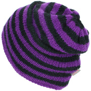 Wool Knit Ridge Beanie Hat with Fleece Lining - Purple & Black