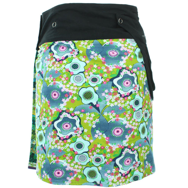 Reversible Popper Wrap Knee Length Skirt - Green Patch Strips / Floral Oyster