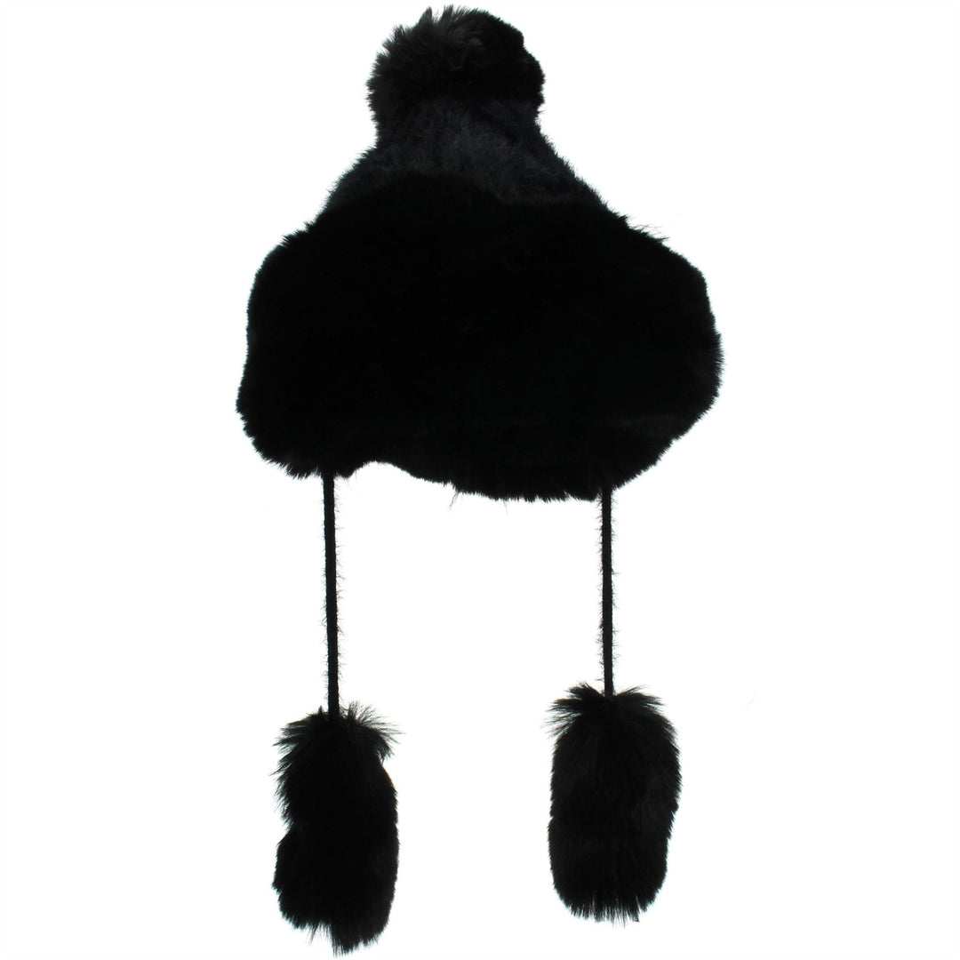 Macahel Soft Fur Bobble Hat with Tassels - Black