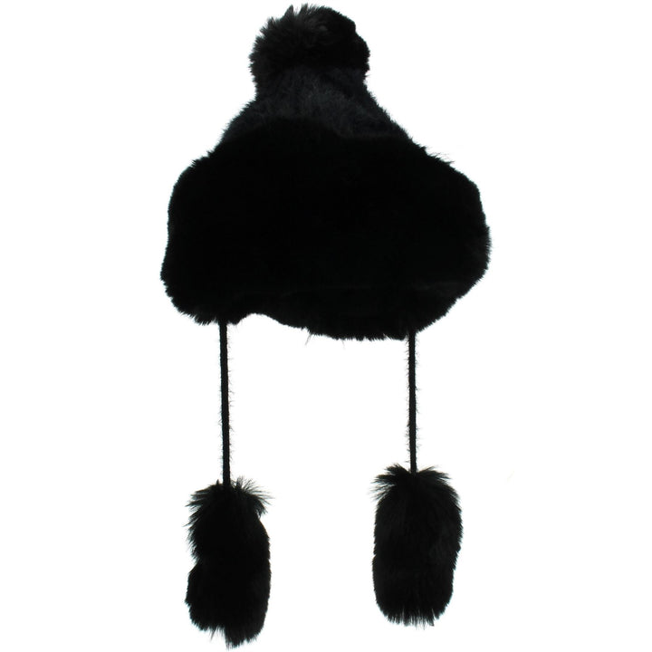 Macahel Soft Fur Bobble Hat with Tassels - Black