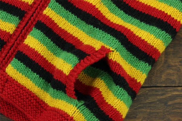 Hand Knitted Wool Hooded Jacket Cardigan - Stripe Rasta