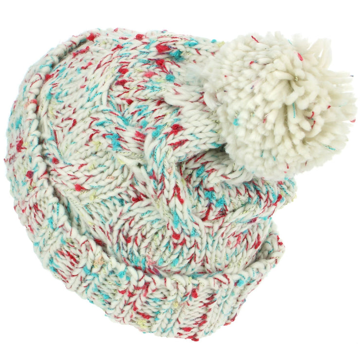 Chunky Knit Colourful Fleck Bobble Beanie Hat - White