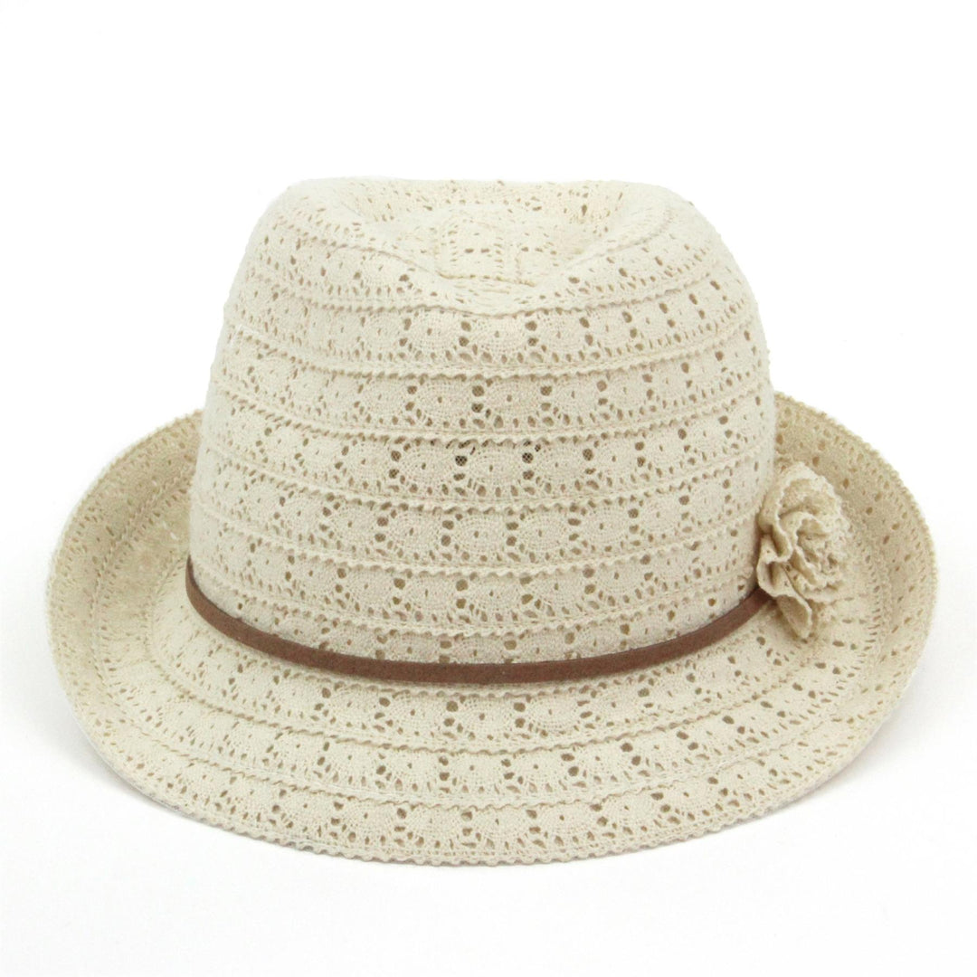 Ladies lace trilby hat with skinny faux leather band - Cream (57cm)