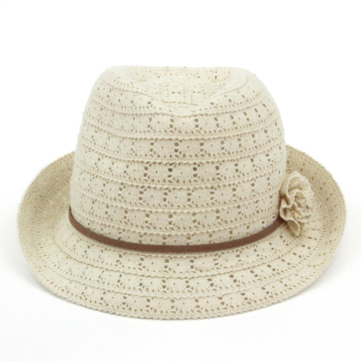 Ladies lace trilby hat with skinny faux leather band - Cream (57cm)