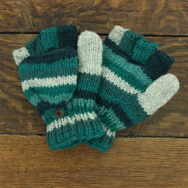 Hand Knitted Wool Shooter Gloves - Stripe Teal