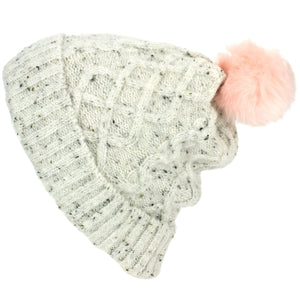 Ribbed Cable Knit Bobble Beanie Hat - Mottled White