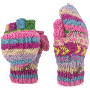 Chunky Wool Knit Fingerless Shooter Gloves - Chevron - Pink
