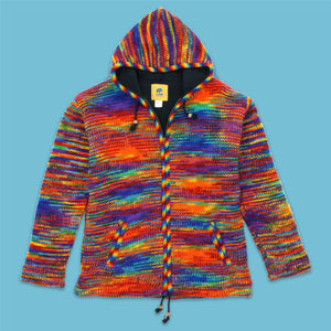 Håndstrikket uld hættejakke cardigan - SD Rainbow med Rainbow Trim