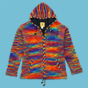 Hand Knitted Wool Hooded Jacket Cardigan - SD Rainbow with Rainbow Trim