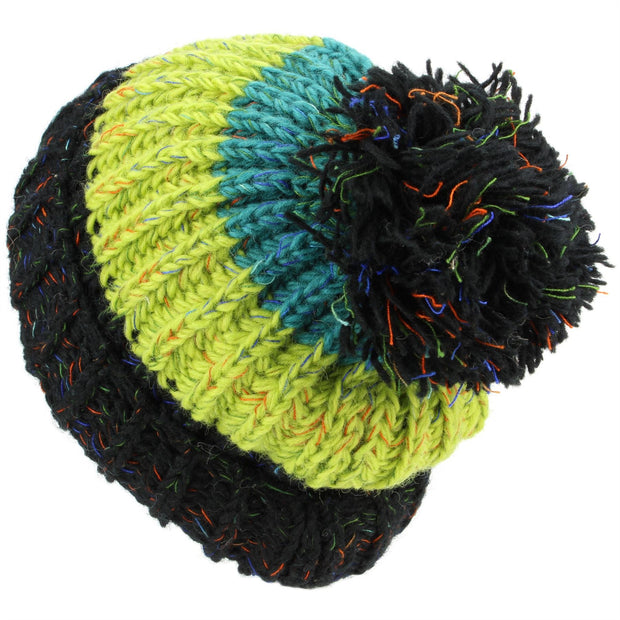 Wool Knit Beanie Bobble Hat - Black Green Turquoise