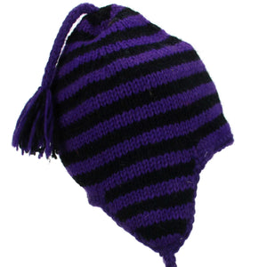 Bonnet à pompon en tricot de laine - rayure violet noir