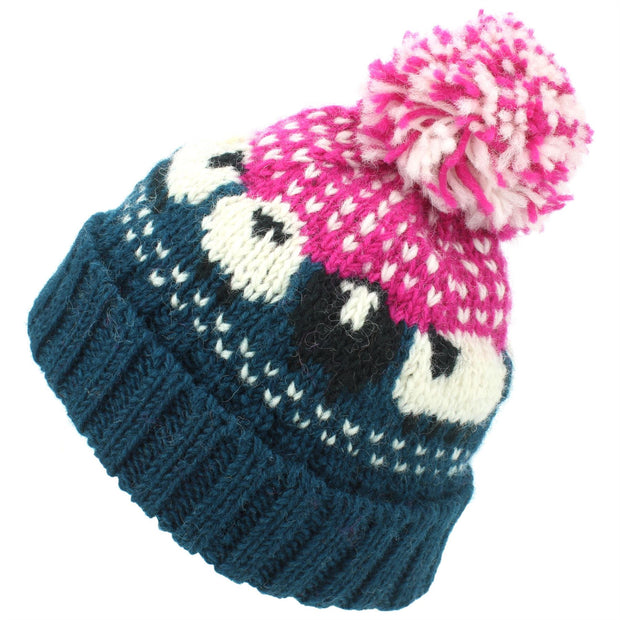 Wool Knit Bobble Beanie Hat - Sheep - Teal Pink