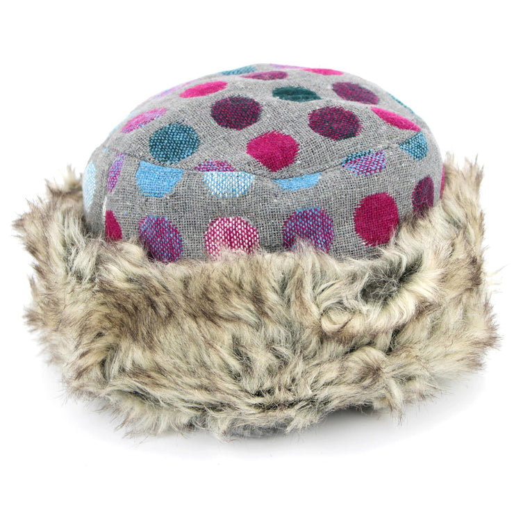 Spotty Polka Dot Hat with Faux Fur cuff - Light Grey
