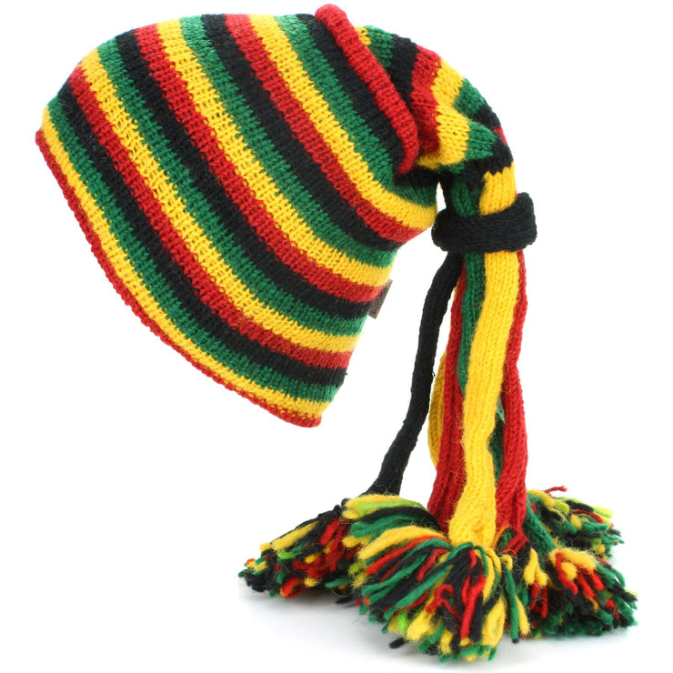Wool Knit 'Fountain' Tassels Beanie Hat - Rasta