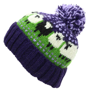 Wool Knit Bobble Beanie Hat - Sheep - Green Purple