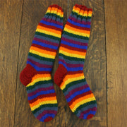 Hand Knitted Wool Long Socks - Stripe Rainbow