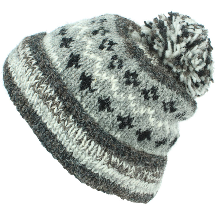 Chunky Wool Knit Abstract Pattern Beanie Bobble Hat - 17 Grey