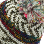 Knitted Metallic Beanie Hat with Multicoloured Bobble - Cream