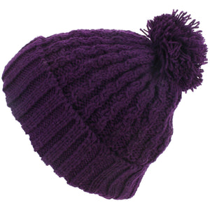 Bonnet à pompon en tricot torsadé - violet