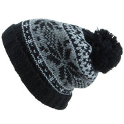 Chunky Knit Slouch Beanie Bobble Hat with Fairisle Pattern - Black
