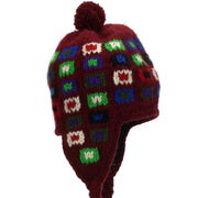Wool Knit Earflap Bobble Hat - Square Maroon