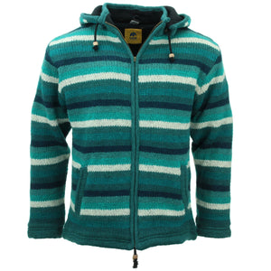 Cardigan veste à capuche en laine tricotée à la main - sarcelle à rayures