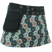 Reversible Popper Wrap Children's Size Mini Skirt - Black Patch Strips / Kaleidoscope