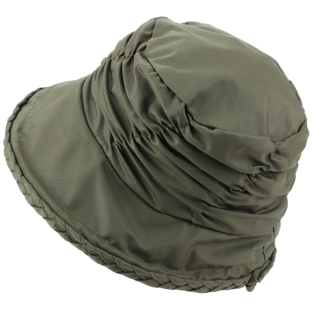 Ladies Water Resistant Wax Cloche Hat with Ruched Crown and Tartan Check Lining - Green