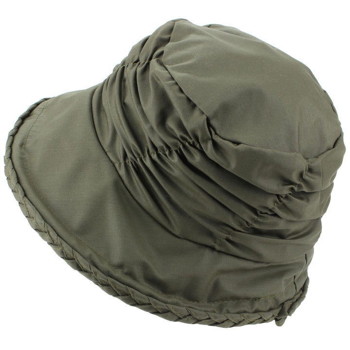 Ladies Water Resistant Wax Cloche Hat with Ruched Crown and Tartan Check Lining - Green