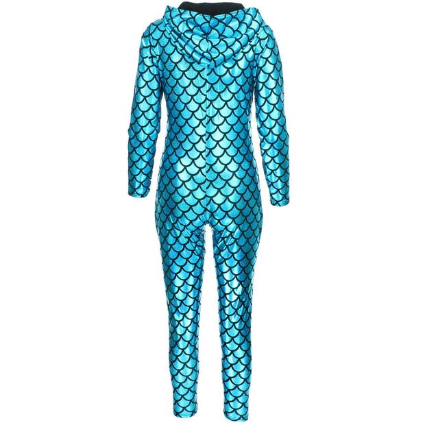 Shiny Mermaid Scale Hooded Catsuit - Turquoise