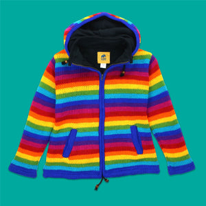 Håndstrikket uld hættejakke cardigan dame cut - stribet lys regnbue
