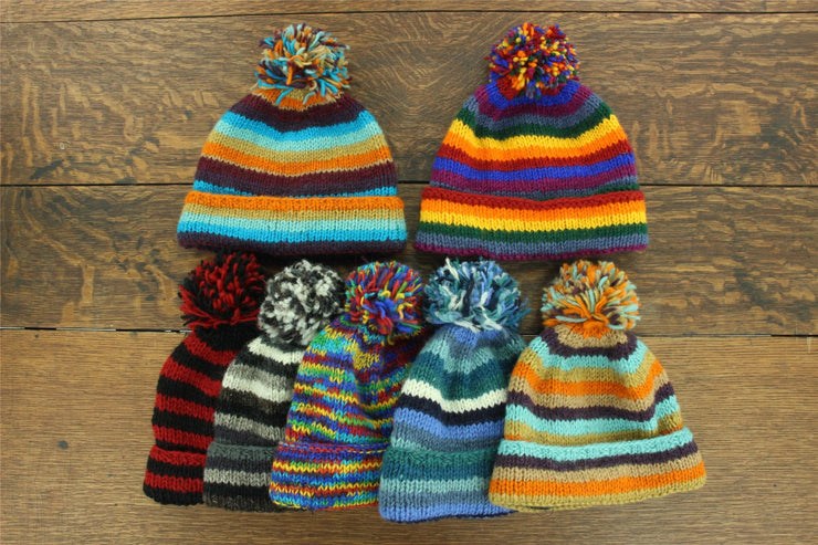 Chunky Wool Knit Beanie Bobble Hat - Stripe Rainbow