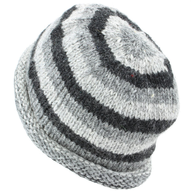 Chunky Wool Knit Beanie Hat with Rolled Brim - Grey