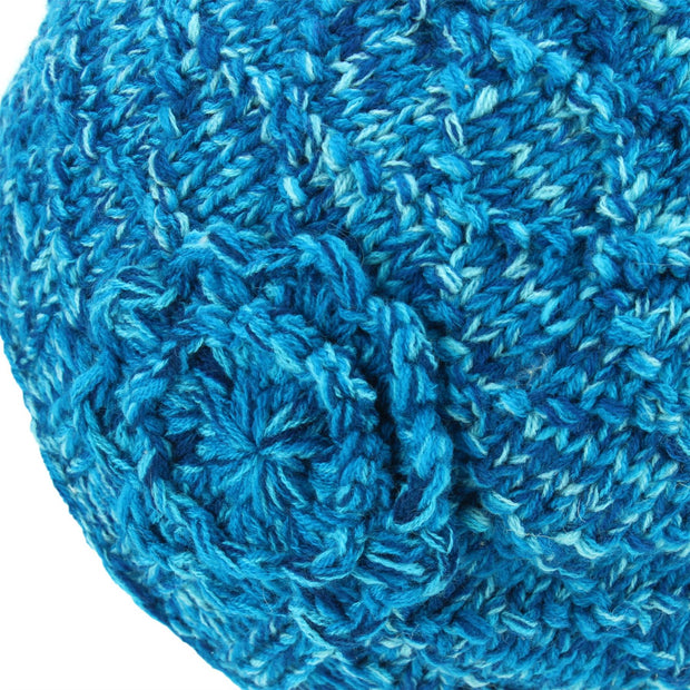 Acrylic Knit Flower Beanie Hat - Blue