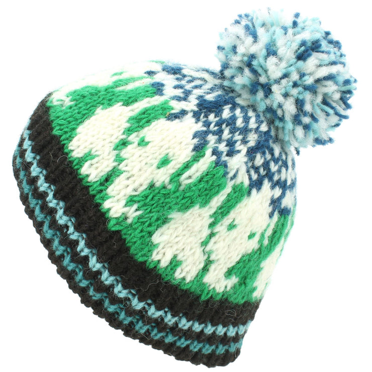 Wool Knit Bobble Beanie Hat - Elephant - Green Teal